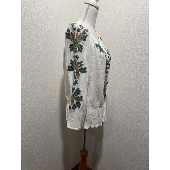 Soft Surroundings Shirt Sz S White Green Embroidered Sequins Tassel Boho Top - Picture 3 of 12